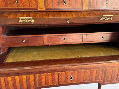 Cylinder desk in veneer and chevron inlay,...