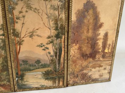 Three-leaf silk screen painted with a bucolic...