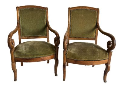 Pair of fruitwood armchairs, scrolled armrests,...