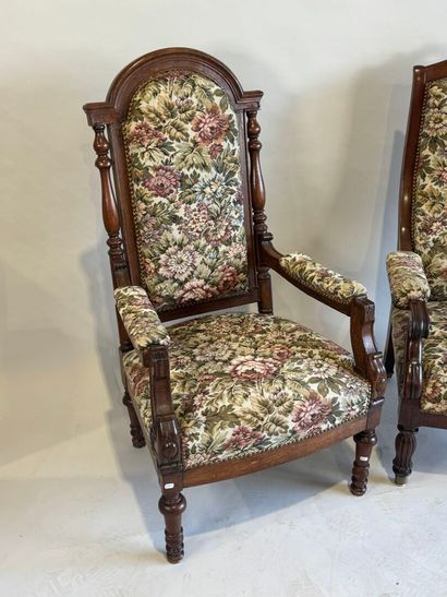 Two mahogany and oak molded and carved armchairs,...