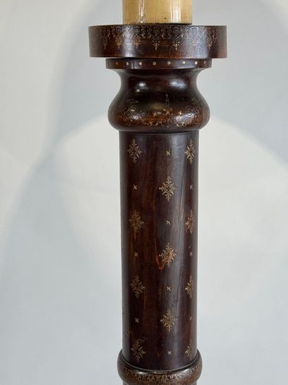 Turned wood floor lamp with gold stylized...