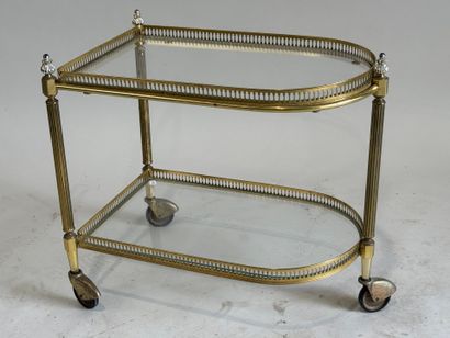 Small gilded metal and glass-topped rolling...