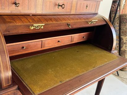 Cylinder desk in veneer and chevron inlay,...