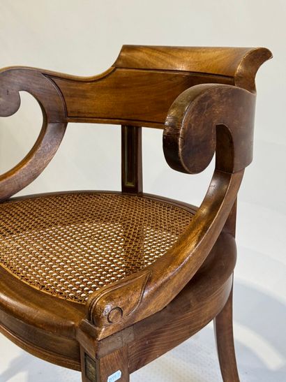 Desk armchair in molded wood, banded back...