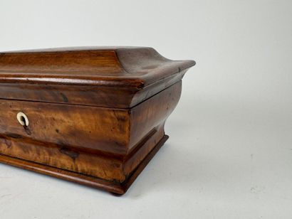 Wood and veneer chest in the shape of a sarcophagus.
Restoration...