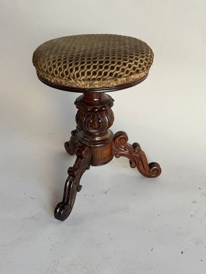 Molded and carved wooden piano stool, circular...