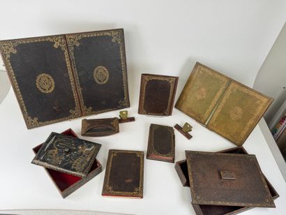 Leather desk set with gold embossed foliate...
