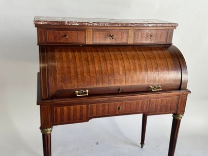 Cylinder desk in veneer and chevron inlay,...