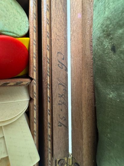 Wooden and marquetry token box, the lid decorated...