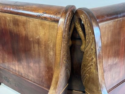 Mahogany veneered bed, the uprights decorated...