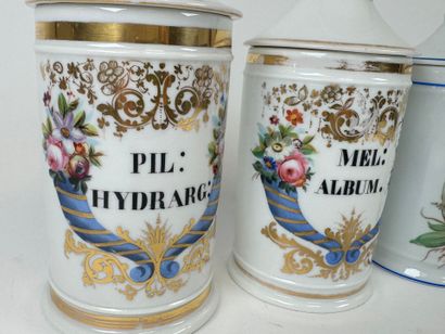 Suite of three enameled porcelain medicine...