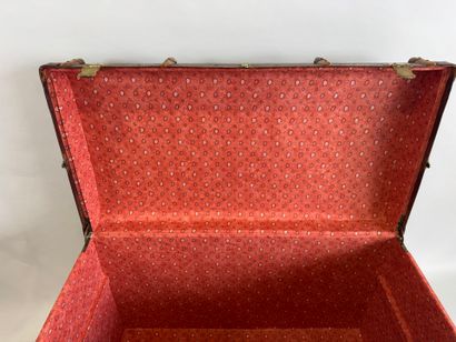 Wooden trunk, leather-covered and reinforced...