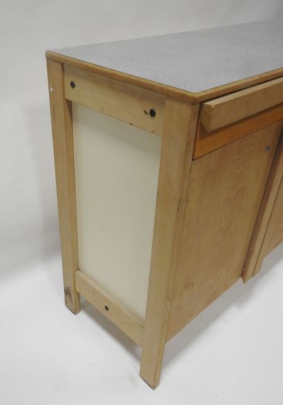 Wood and plywood sideboard opening with three...