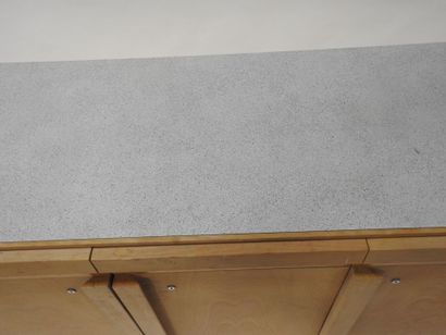 Wood and plywood sideboard opening with three...