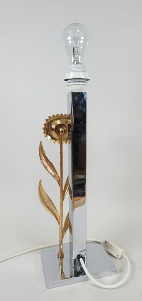 Chromed metal desk lamp with brass sunflower...