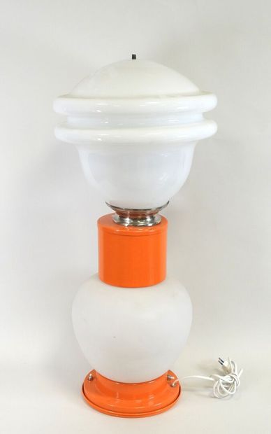 Lamp in white-tinted glass and orange-lacquered...