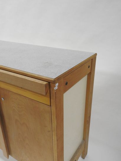 Wood and plywood sideboard opening with three...