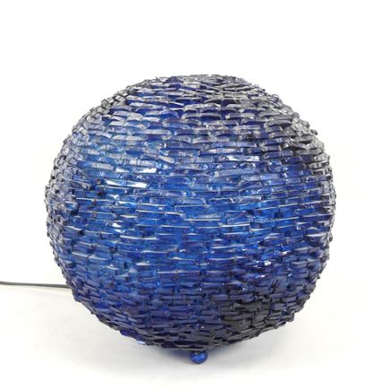 Ball lamp in pieces of blue glass and metal...