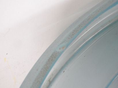 Blue-tinted glass bowl hanger with chrome-plated...