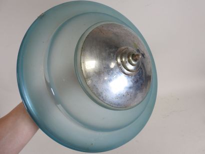 Blue-tinted glass bowl hanger with chrome-plated...