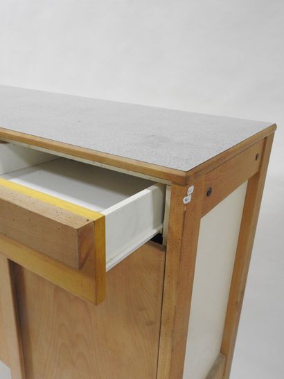 Wood and plywood sideboard opening with three...