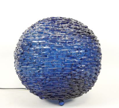 Ball lamp in pieces of blue glass and metal...