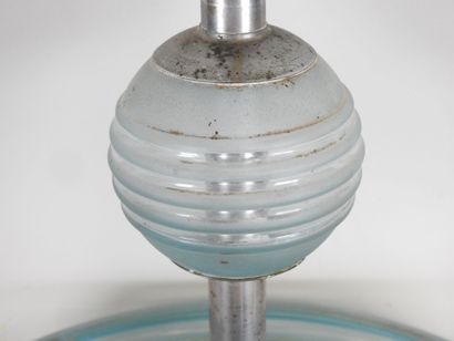 Blue-tinted glass bowl hanger with chrome-plated...