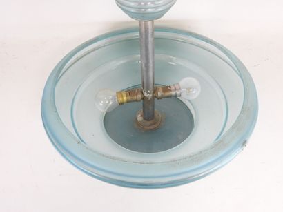 Blue-tinted glass bowl hanger with chrome-plated...