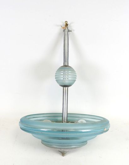Blue-tinted glass bowl hanger with chrome-plated...