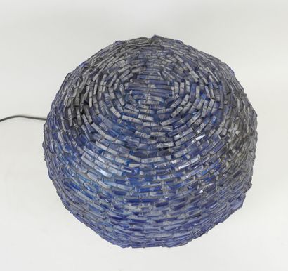 Ball lamp in pieces of blue glass and metal...