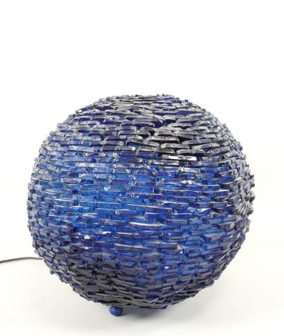 Ball lamp in pieces of blue glass and metal...