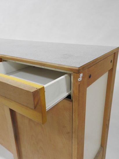 Wood and plywood sideboard opening with three...