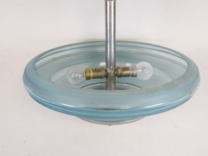 Blue-tinted glass bowl hanger with chrome-plated...