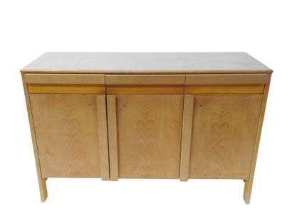 Wood and plywood sideboard opening with three...