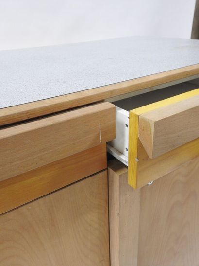Wood and plywood sideboard opening with three...