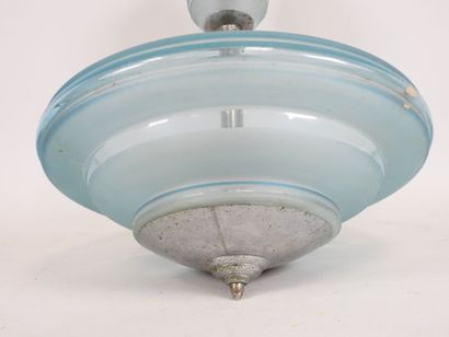 Blue-tinted glass bowl hanger with chrome-plated...