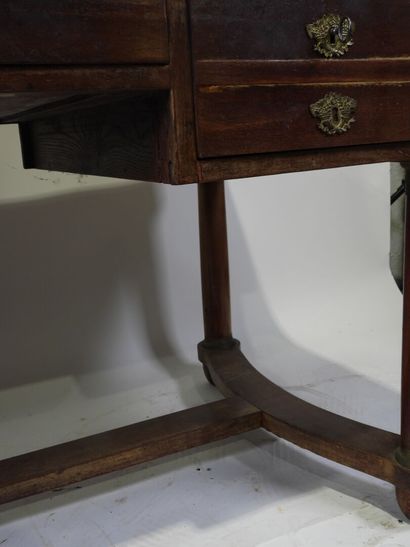 Veneered desk opening with three drawers,...