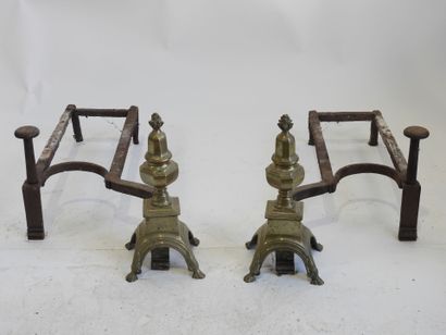Pair of brass and wrought iron andirons forming...