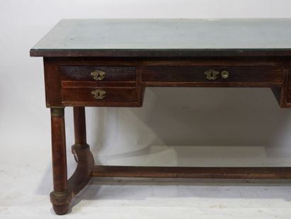 Veneered desk opening with three drawers,...