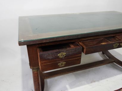 Veneered desk opening with three drawers,...
