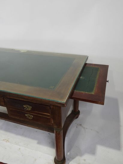 Veneered desk opening with three drawers,...