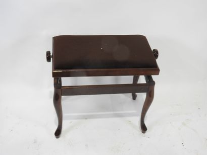 Varnished wood piano stool, brown velvet...