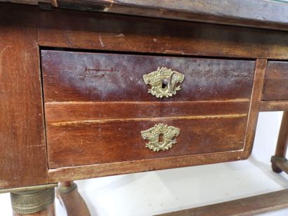 Veneered desk opening with three drawers,...