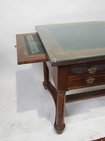 Veneered desk opening with three drawers,...