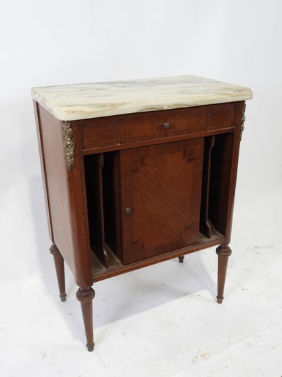 Wooden and veneered bedside cabinet opening...