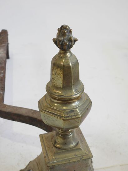 Pair of brass and wrought iron andirons forming...