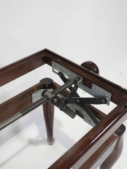 Varnished wood piano stool, brown velvet...
