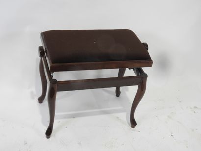 Varnished wood piano stool, brown velvet...