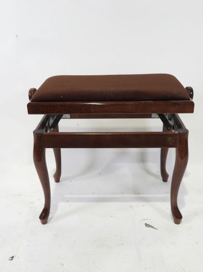Varnished wood piano stool, brown velvet...