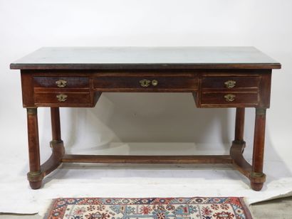 Veneered desk opening with three drawers,...